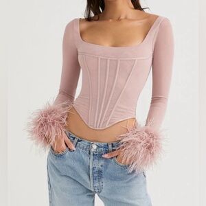 Luxedress women’s sz‎ small classy feather trimmed mesh corset long sleeve shirt